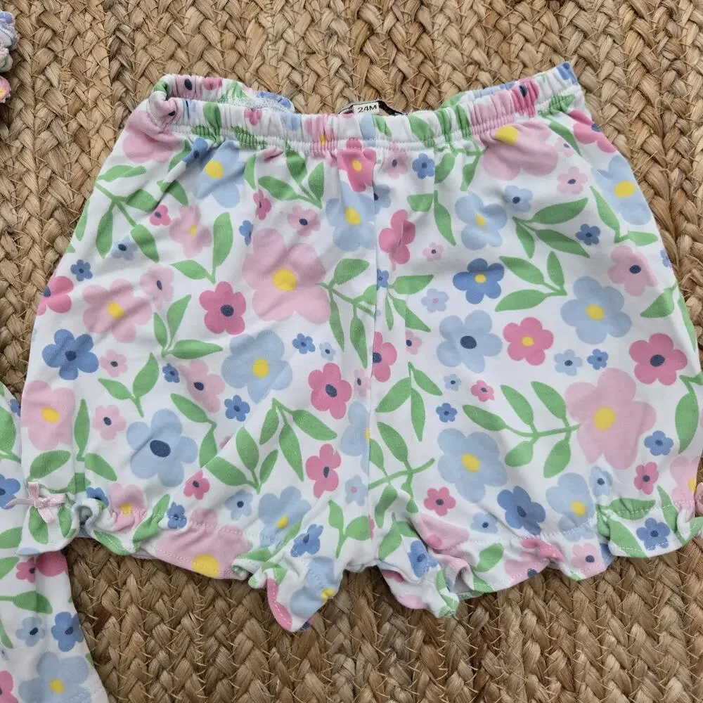 Girls Marco &Lizzy Floral 2 piece Outfit Ruffles Flowers Smocked Pima Cotton 24m